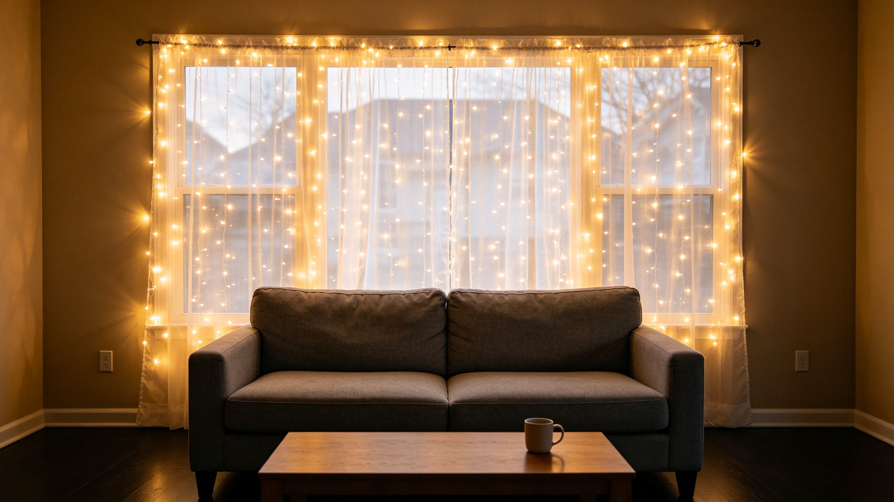 fairy lights woven through pleated curtain folds glowing from inside
