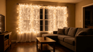 warm white curtain fairy lights glowing in cozy living room at night