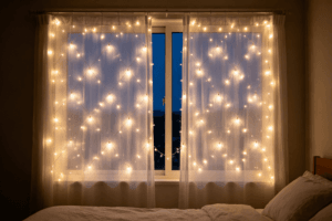 fairy lights hung in grid pattern in front of sheer curtain at night