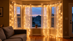 warm white curtain fairy lights hanging on living room window at dusk cozy home decor